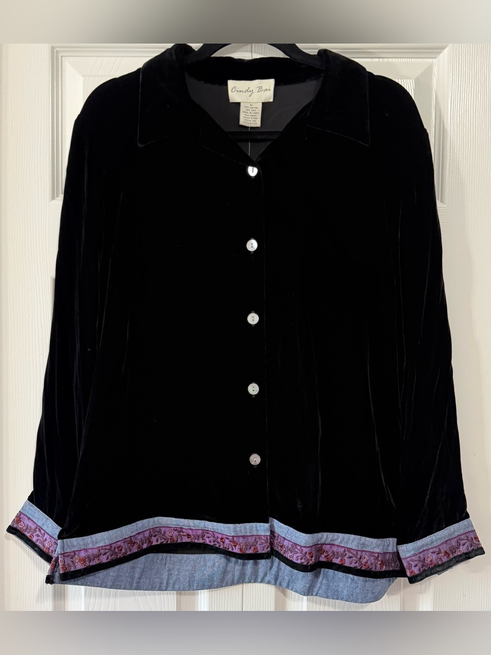 Cindy Bai NWT Black Silk Blend Button Front Jacket Blouse Embroidered Trim M